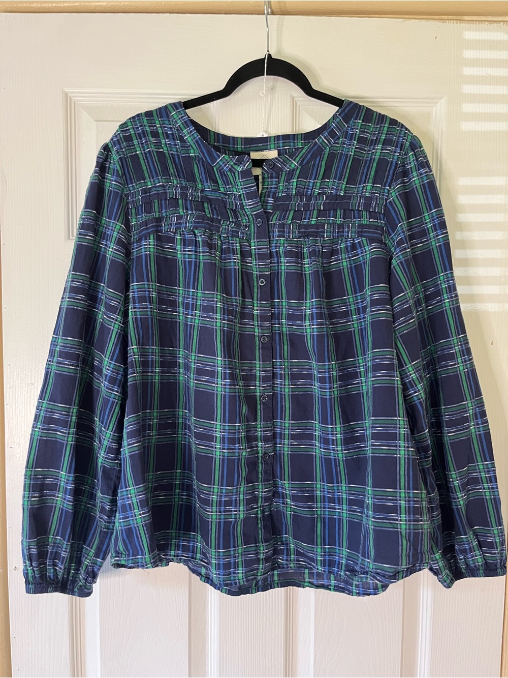 St. John’s Bay Navy Plaid Button-Front Flannel Relaxed Fit Cabincore Blouse